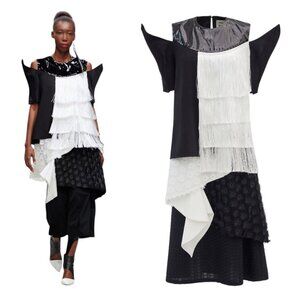 Julia Allert Black White Fringe Layered Dress NWT Small $795 Retail
